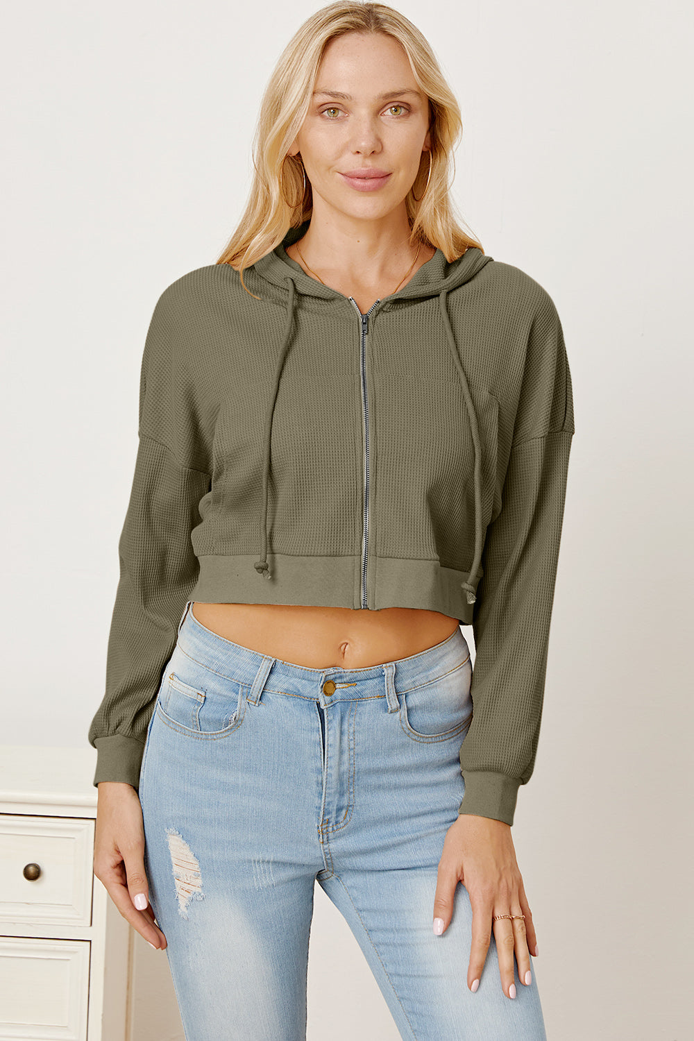 Waffle-Knit Drawstring Zip Up Hoodie - Tantalize Boutique