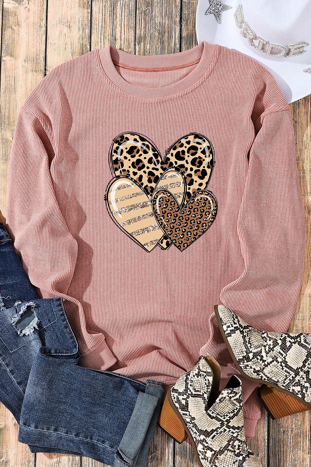 Heart Ribbed Round Neck Sweatshirt - Tantalize Boutique