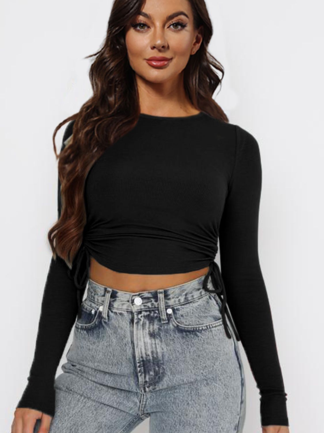 Drawstring Round Neck Long Sleeve Top - Tantalize Boutique