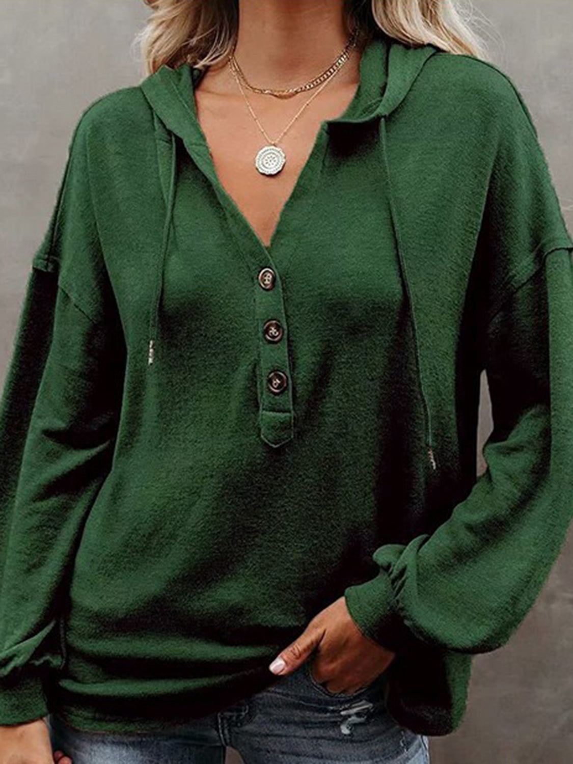 Buttoned Drop Shoulder Hoodie - Tantalize Boutique