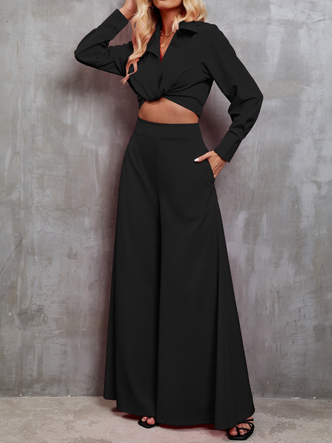 Collared Neck Long Sleeve Top and Wide Leg Pants Set - Tantalize Boutique