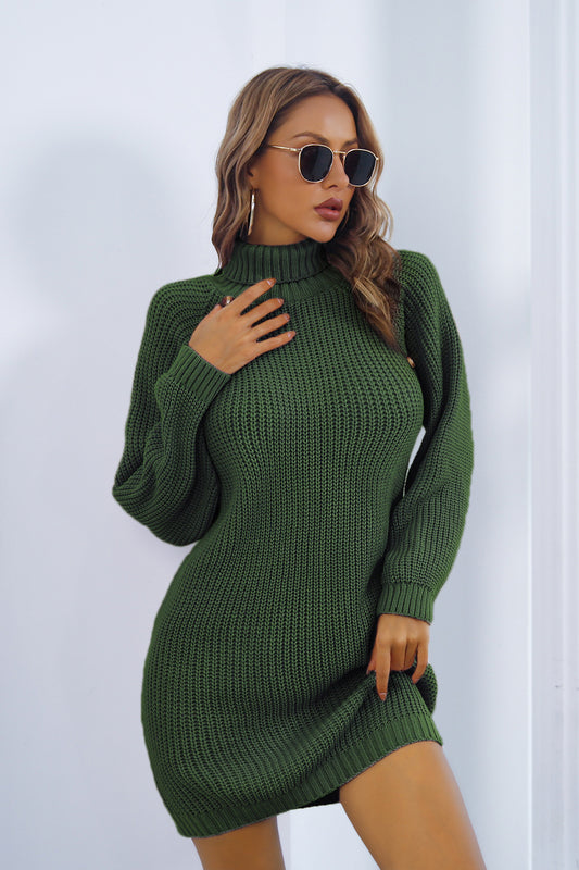 Buttoned Turtleneck Long Sleeve Sweater Dress - Tantalize Boutique