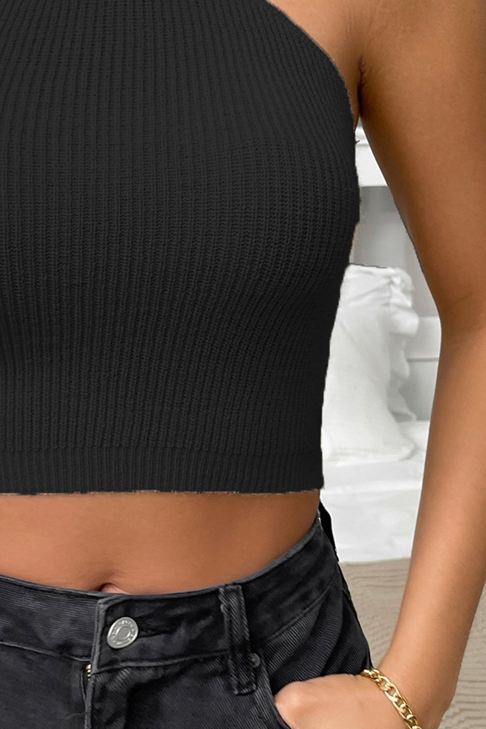 Halter Neck Ribbed Cropped Knit Top - Tantalize Boutique
