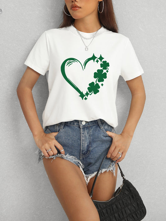 Heart Lucky Clover Round Neck Short Sleeve T-Shirt - Tantalize Boutique