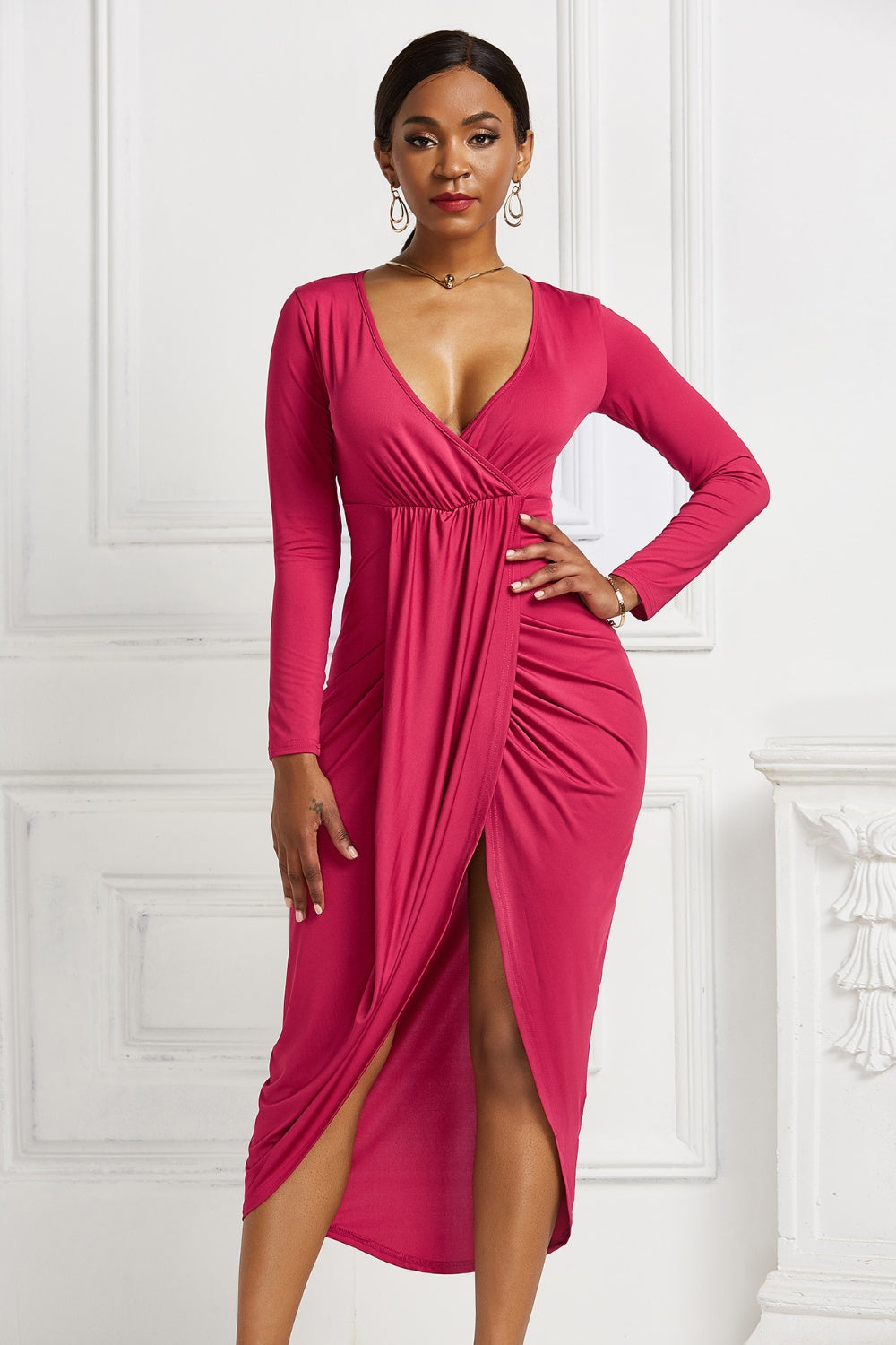High-low Ruched Surplice Long Sleeve Dress - Tantalize Boutique
