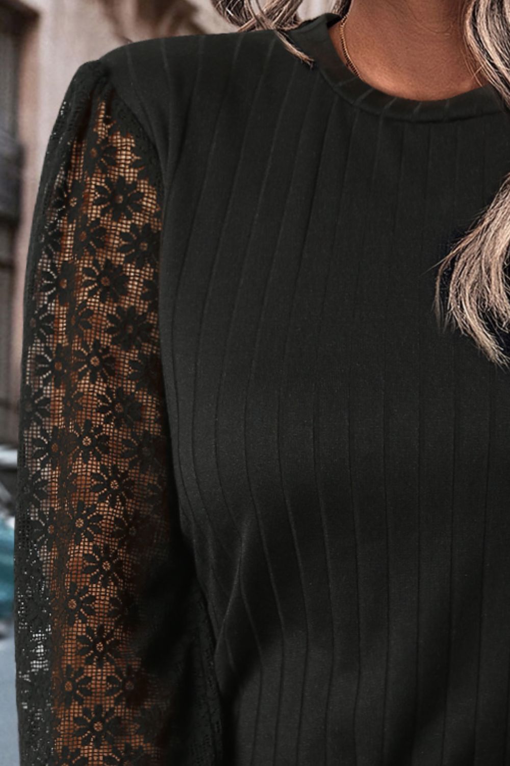 Lace Mesh Flounce Sleeve Ribbed Blouse - Tantalize Boutique