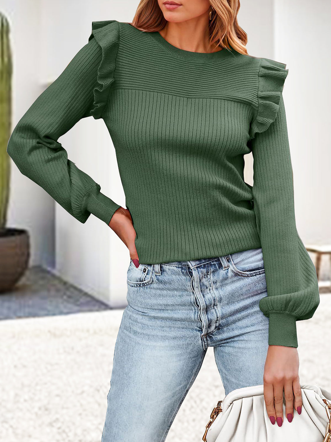 Ribbed Ruffled Round Neck Long Sleeve Knit-Top - Tantalize Boutique