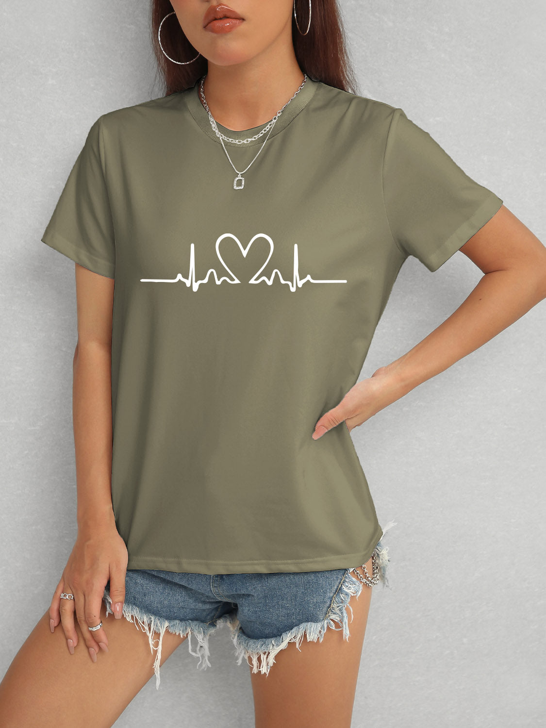 Heart Round Neck Short Sleeve T-Shirt - Tantalize Boutique
