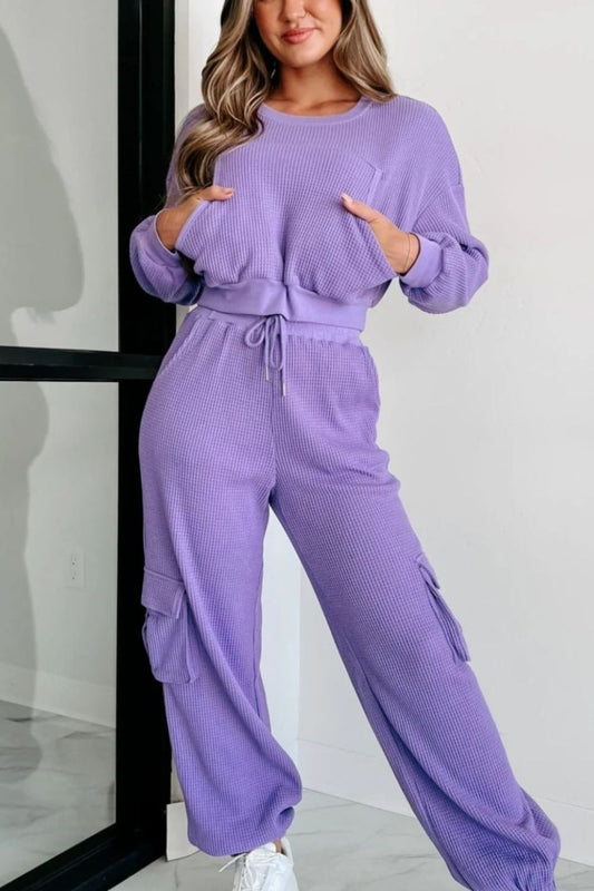 Waffle-knit Top and Drawstring Joggers Set - Tantalize Boutique