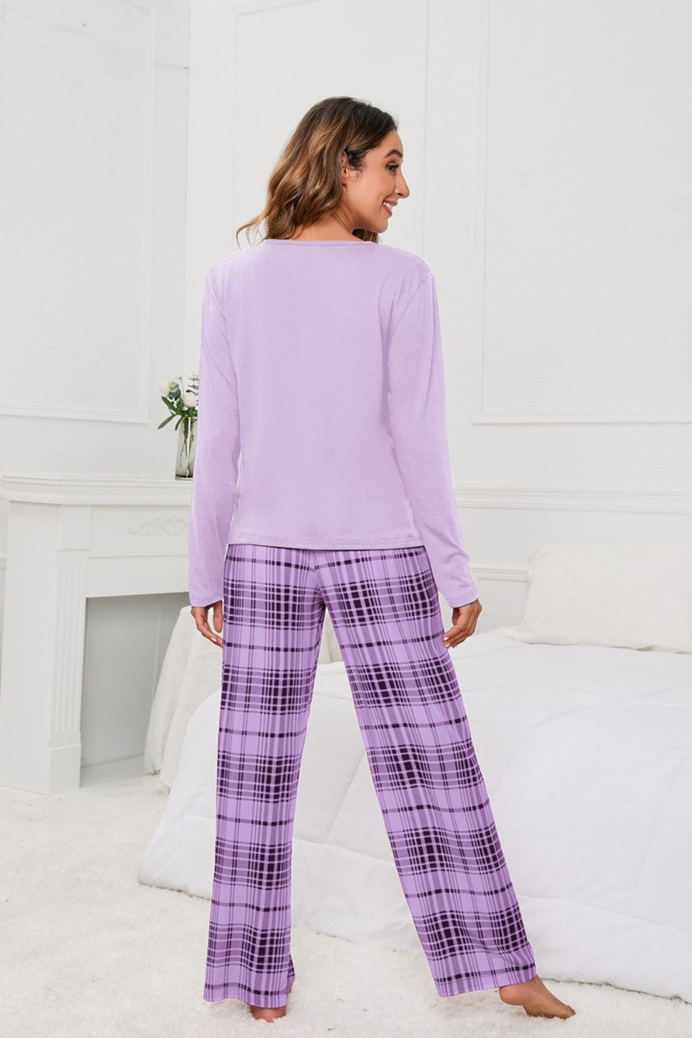 Round Neck Long Sleeve Top and Bow Plaid Pants Lounge Set - Tantalize Boutique