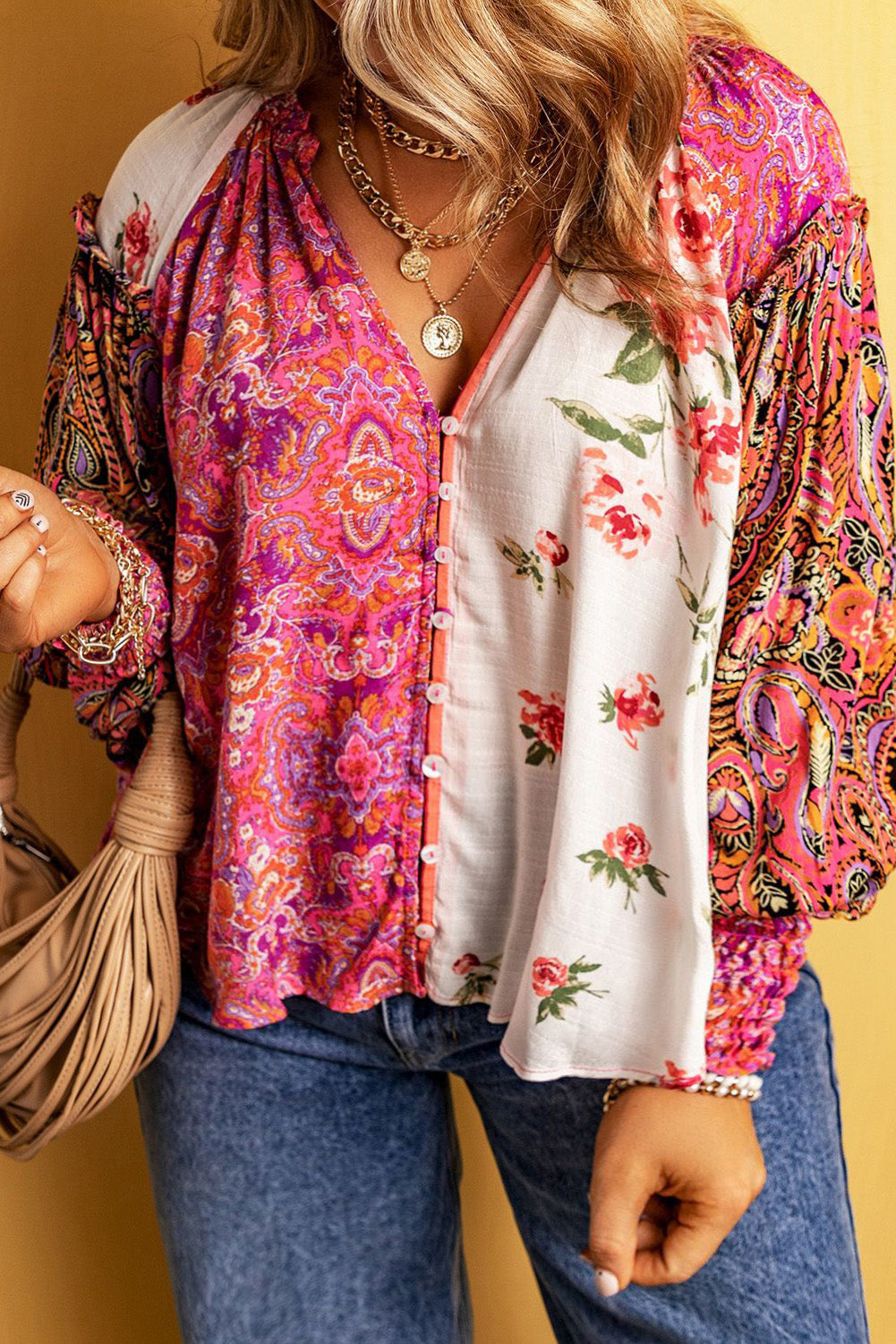 Plus Size Frill Printed V-Neck Long Sleeve Blouse - Tantalize Boutique