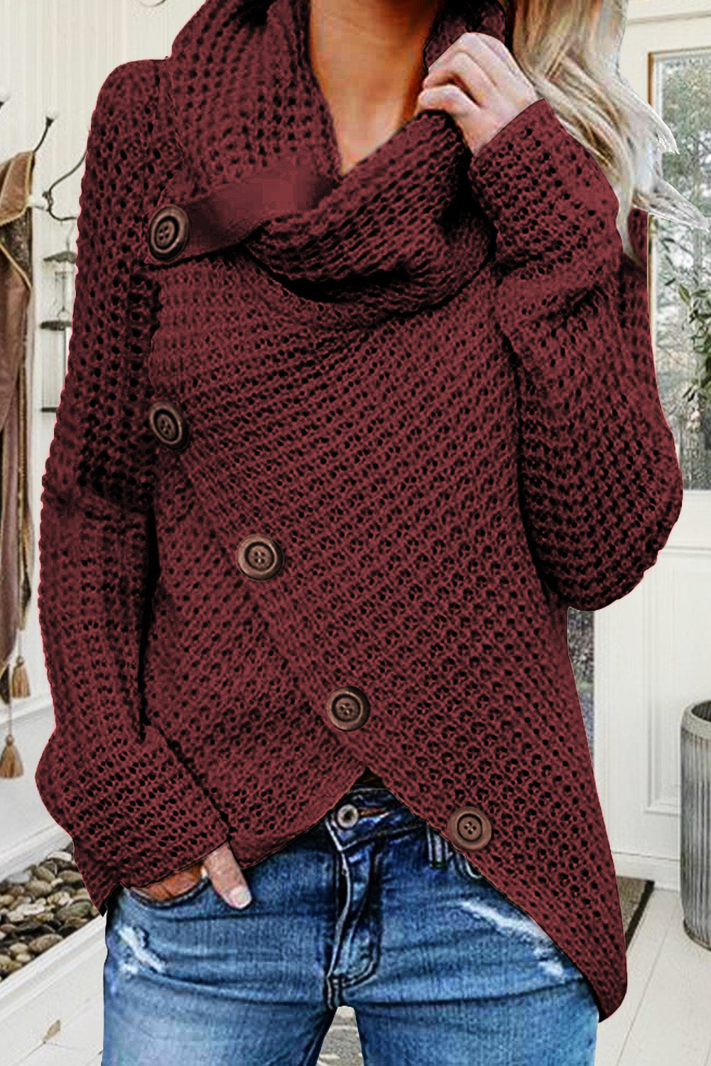 Decorative Button Mock Neck Sweater - Tantalize Boutique