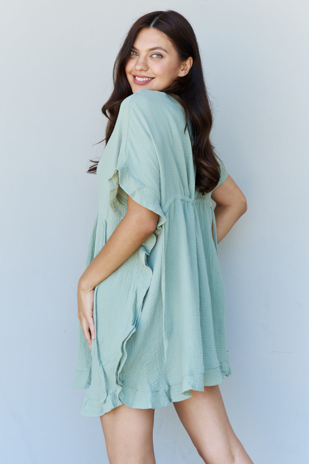 Ninexis Out Of Time Full Size Ruffle Hem Dress with Drawstring Waistband in Light Sage - Tantalize Boutique
