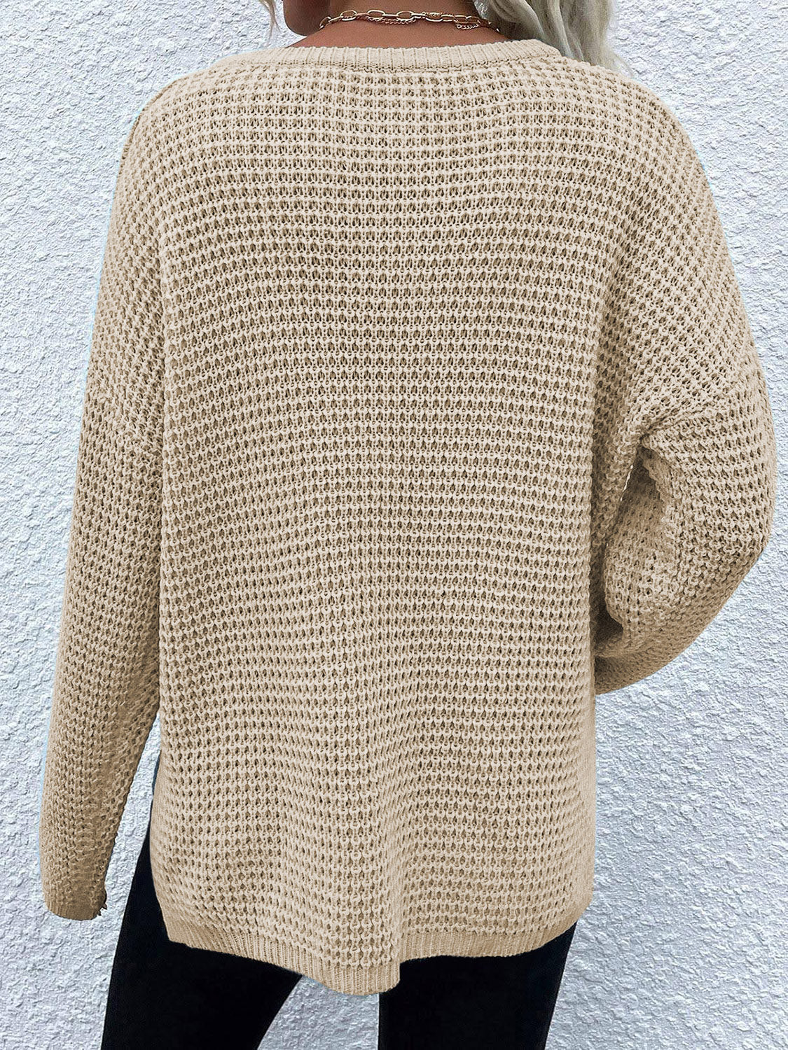 Notched Long Sleeve Sweater - Tantalize Boutique