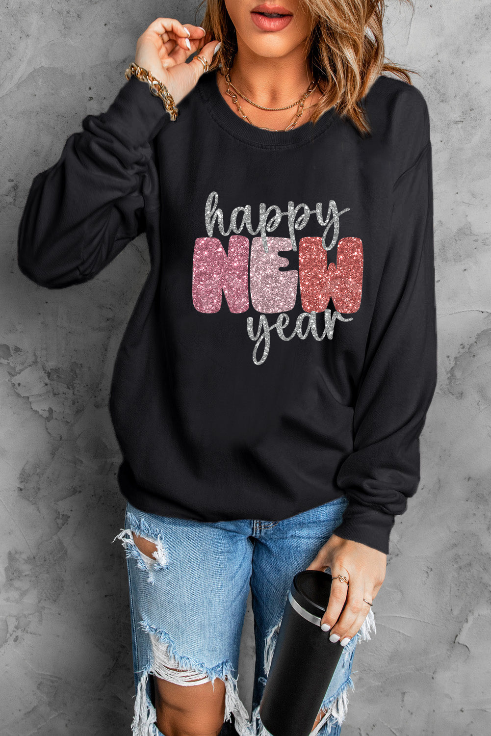 HAPPY NEW YEAR Round Neck Sweatshirt - Tantalize Boutique