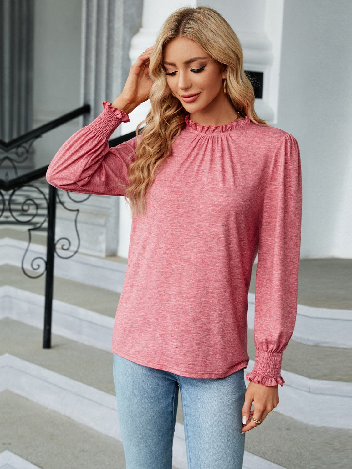 Frill Mock Neck Long Sleeve Blouse - Tantalize Boutique