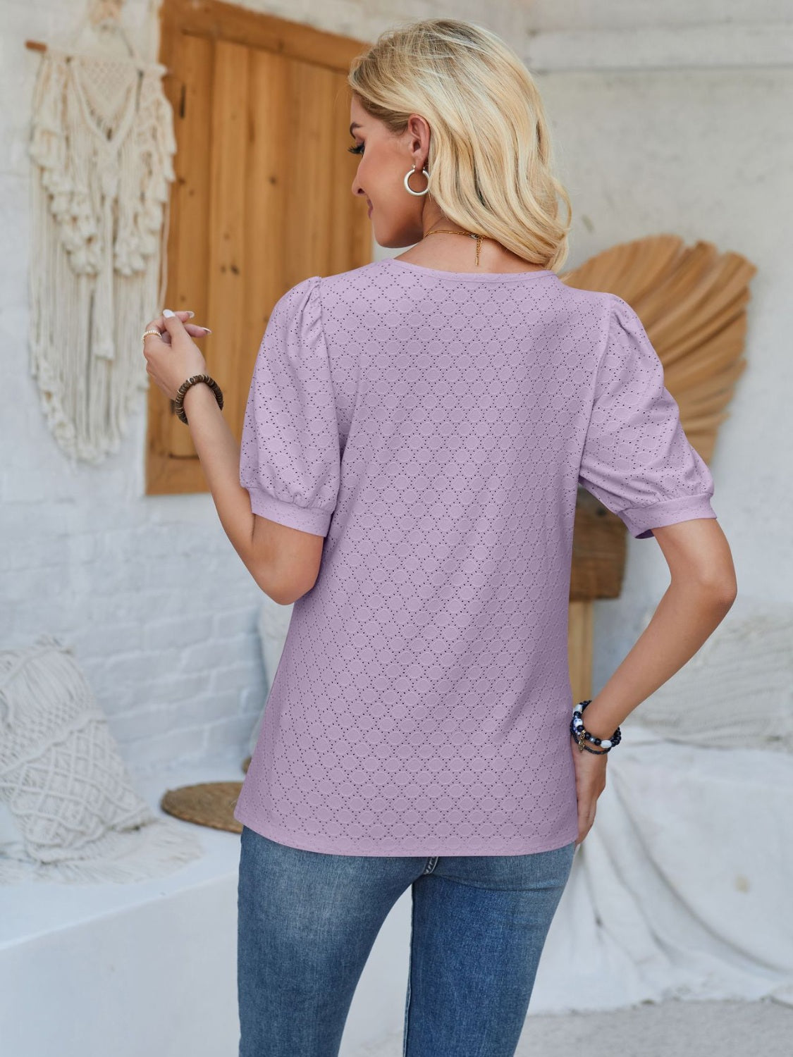 Eyelet Asymmetrical Neck Short Sleeve T-Shirt - Tantalize Boutique