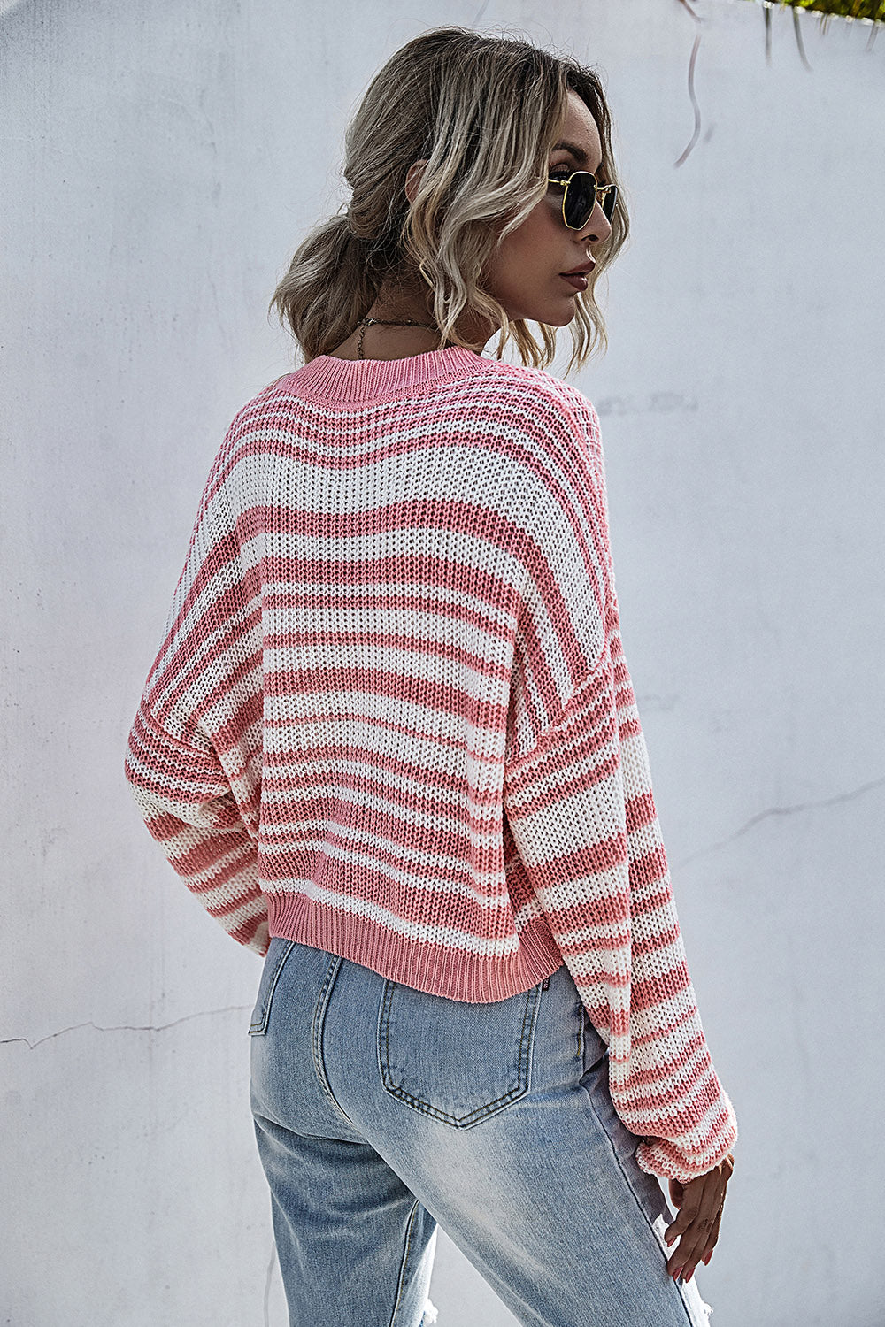 Striped Round Neck Dropped Shoulder Sweater - Tantalize Boutique