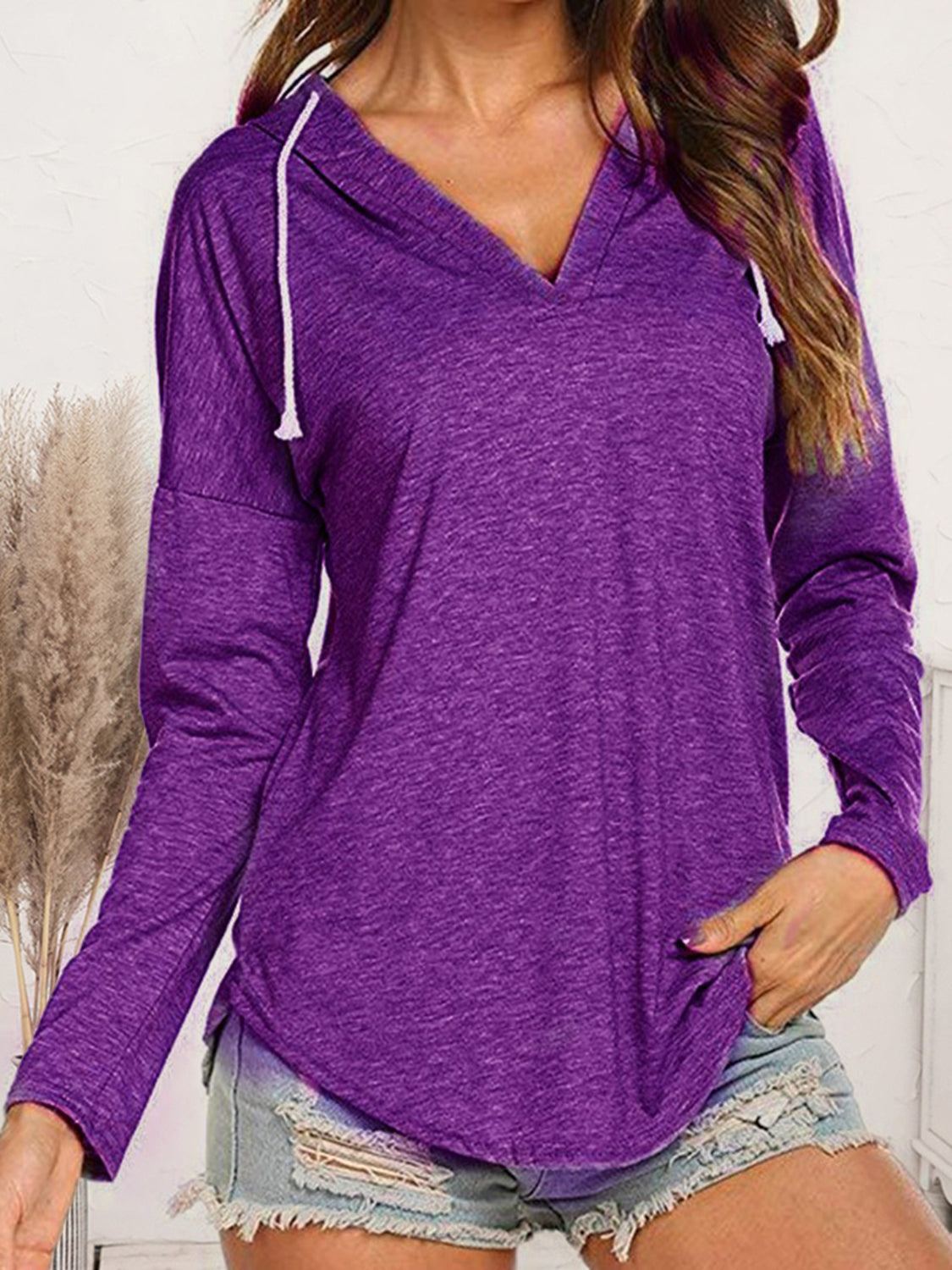 Drawstring Dropped Shoulder Long Sleeve Hoodie - Tantalize Boutique