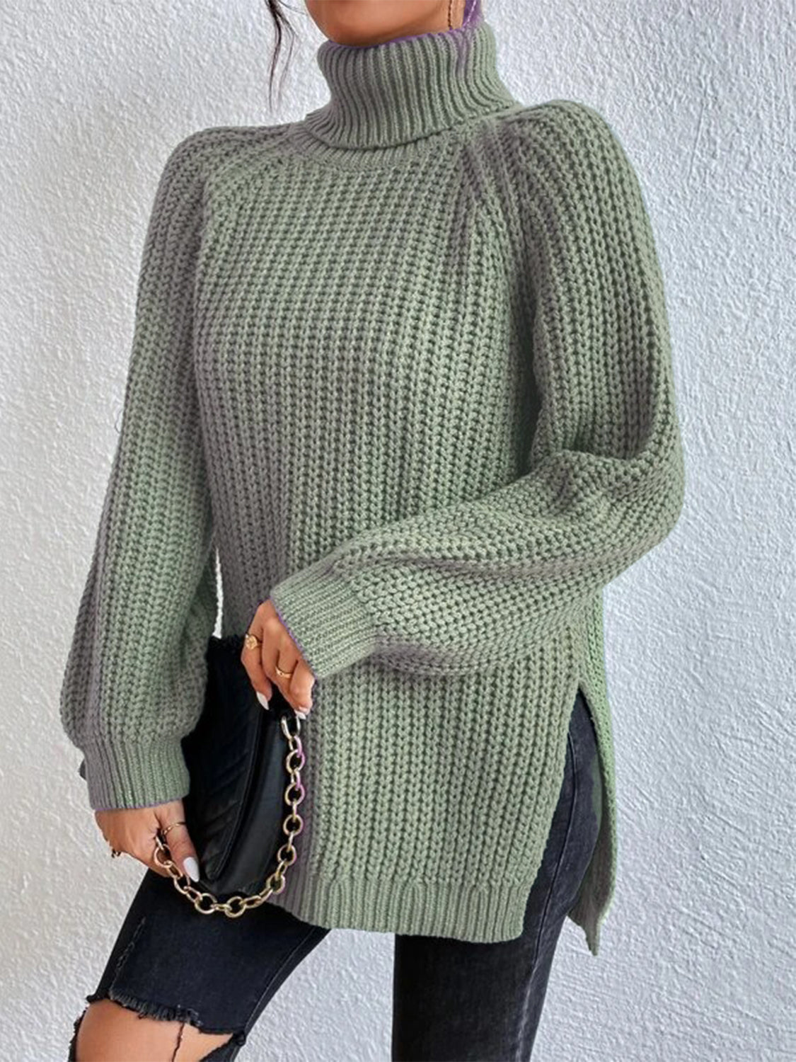 Full Size Turtleneck Rib-Knit Slit Sweater - Tantalize Boutique