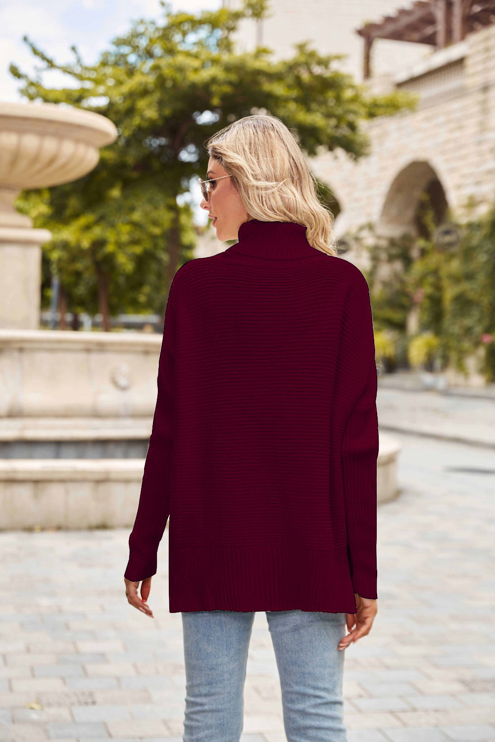 Ribbed Turtleneck Long Sleeve Slit Sweater - Tantalize Boutique