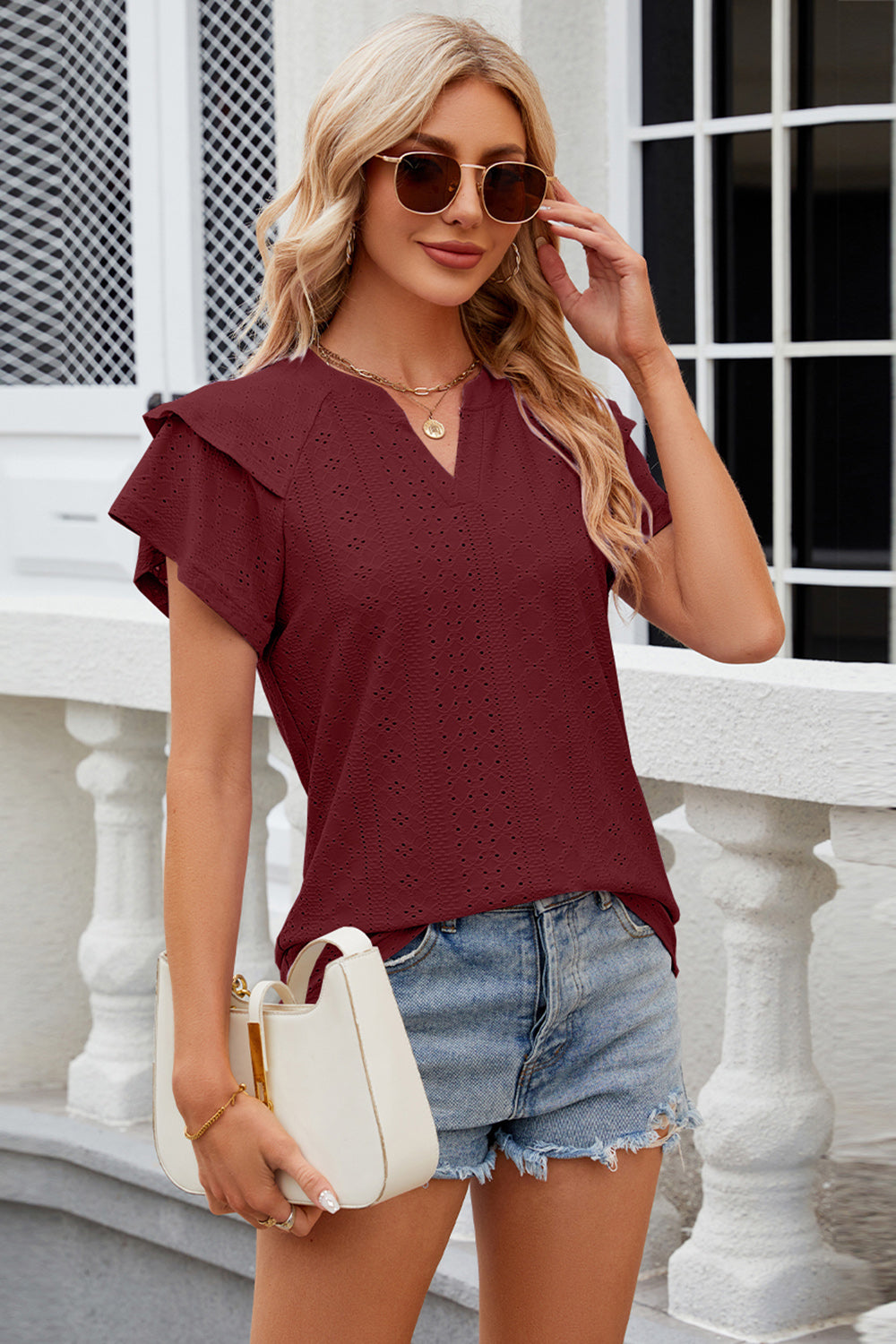 Eyelet Notched Short Sleeve T-Shirt - Tantalize Boutique