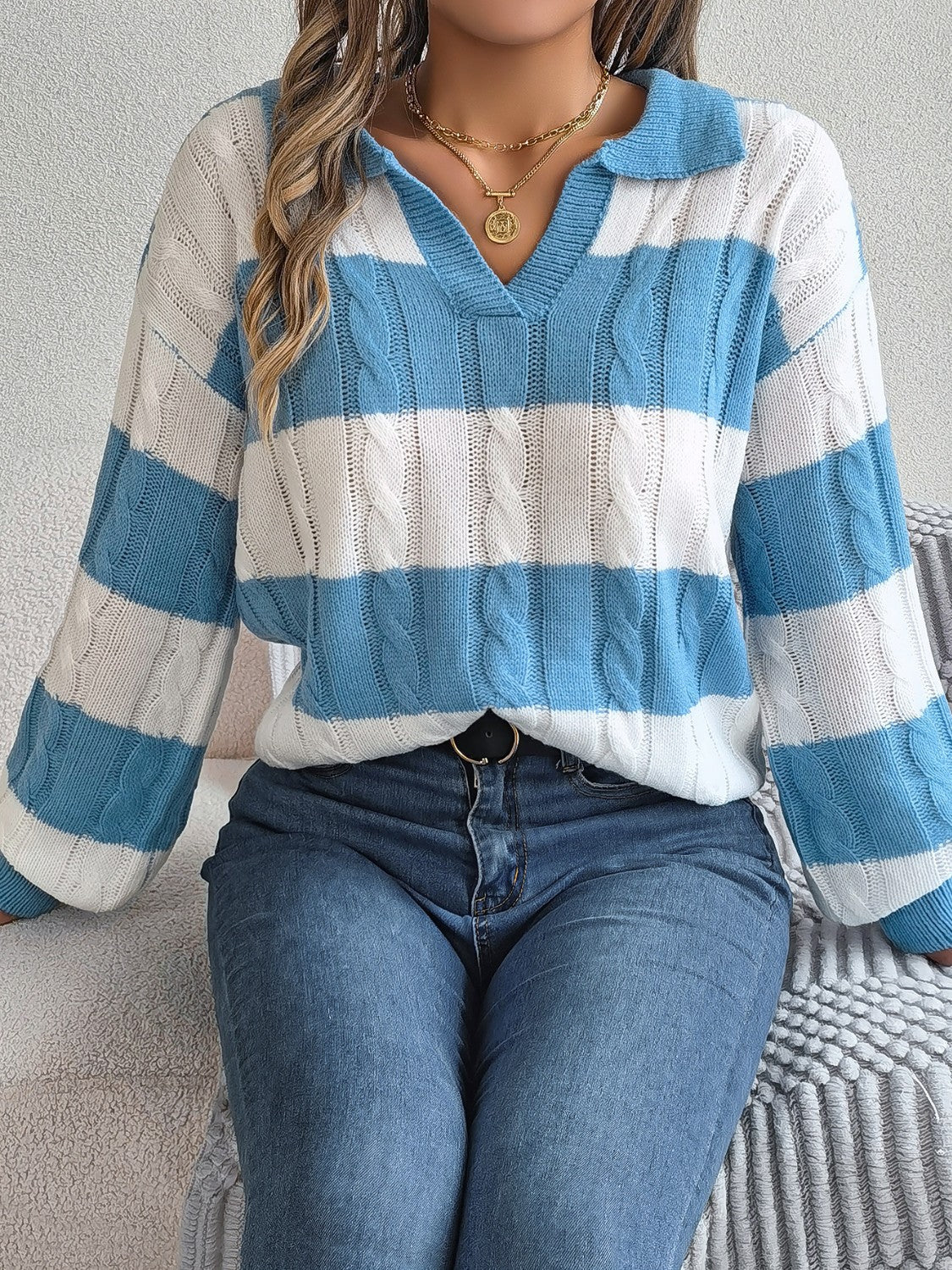 Cable-Knit Striped Long Sleeve Sweater - Tantalize Boutique