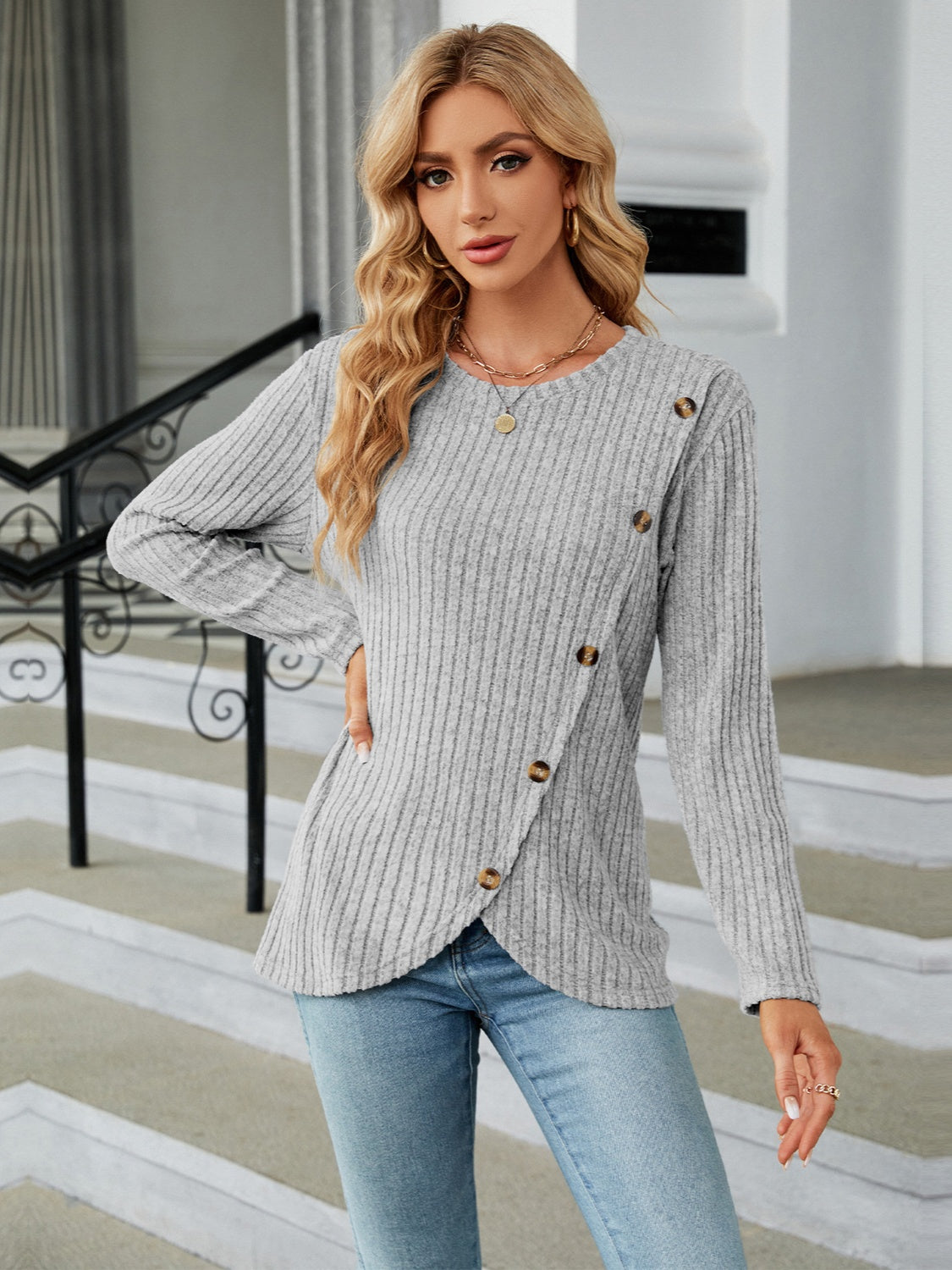 Round Neck Long Sleeve Blouse - Tantalize Boutique
