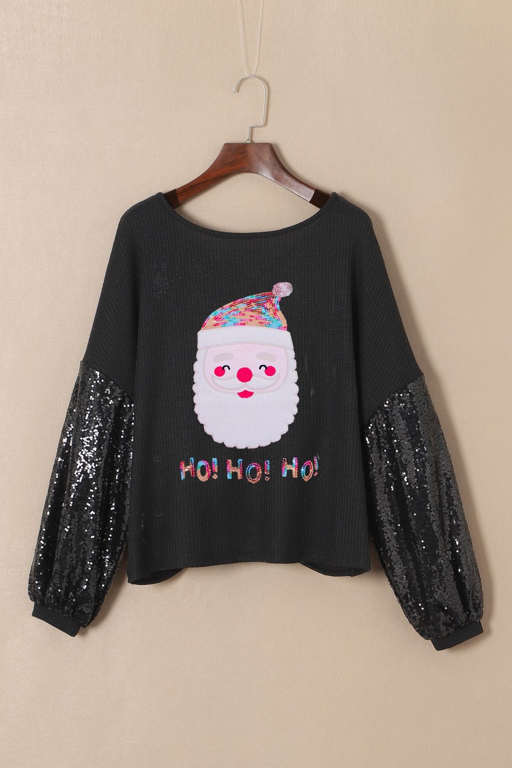 Waffle-Knit Santa Graphic Sequin Long Sleeve Blouse - Tantalize Boutique