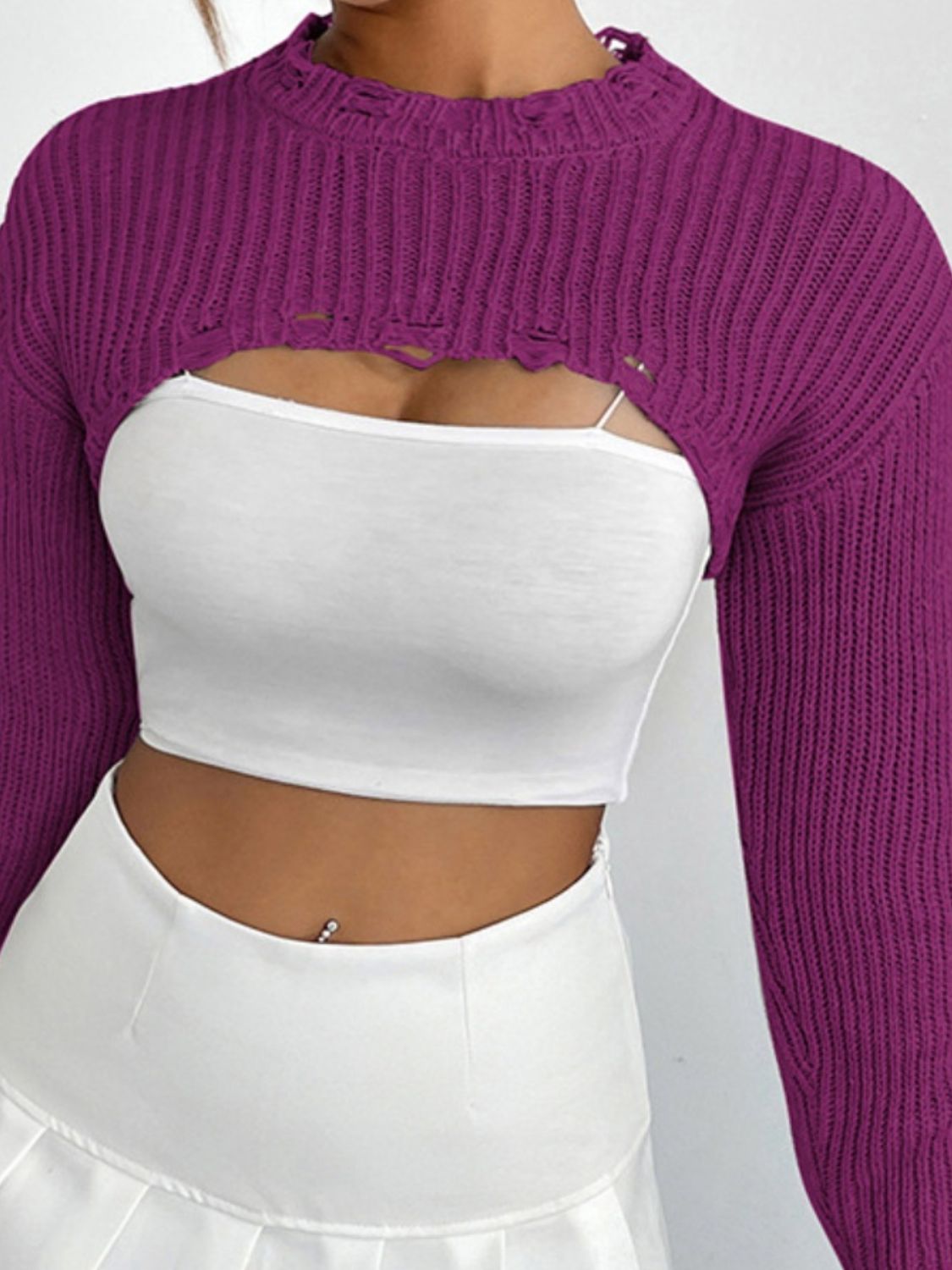 Distressed Long Sleeve Cropped Sweater - Tantalize Boutique