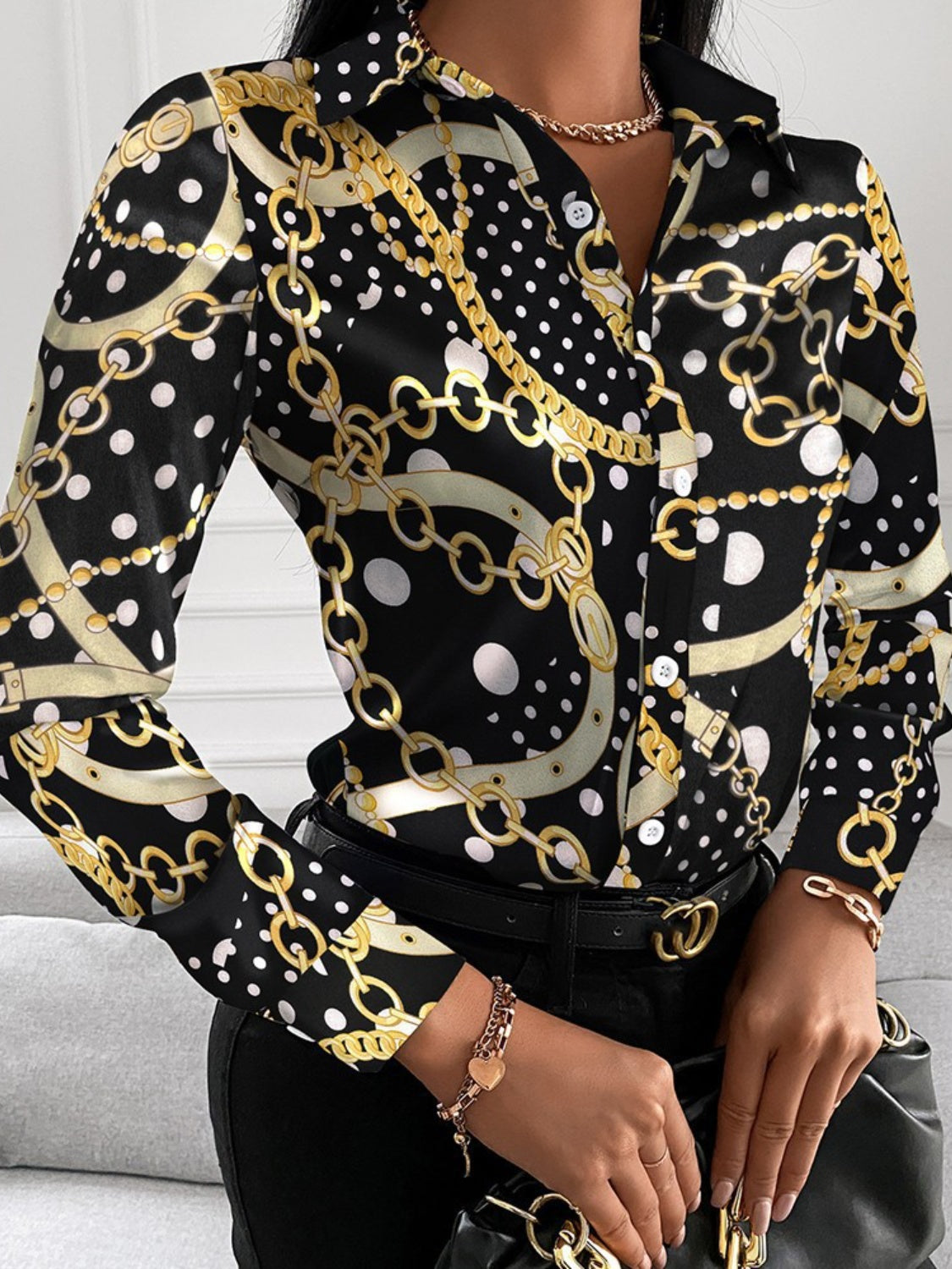 Printed Collared Neck Long Sleeve Shirt - Tantalize Boutique