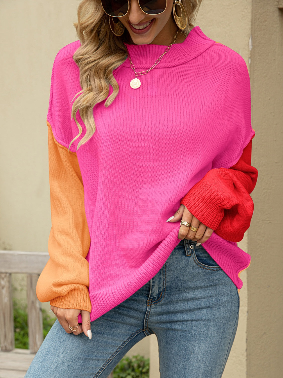 Color Block Dropped Shoulder Sweater - Tantalize Boutique