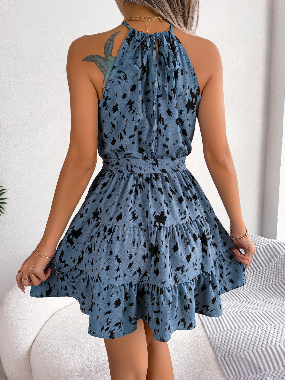 Halter Neck Printed Tie Waist Sleeveless Mini Dress - Tantalize Boutique