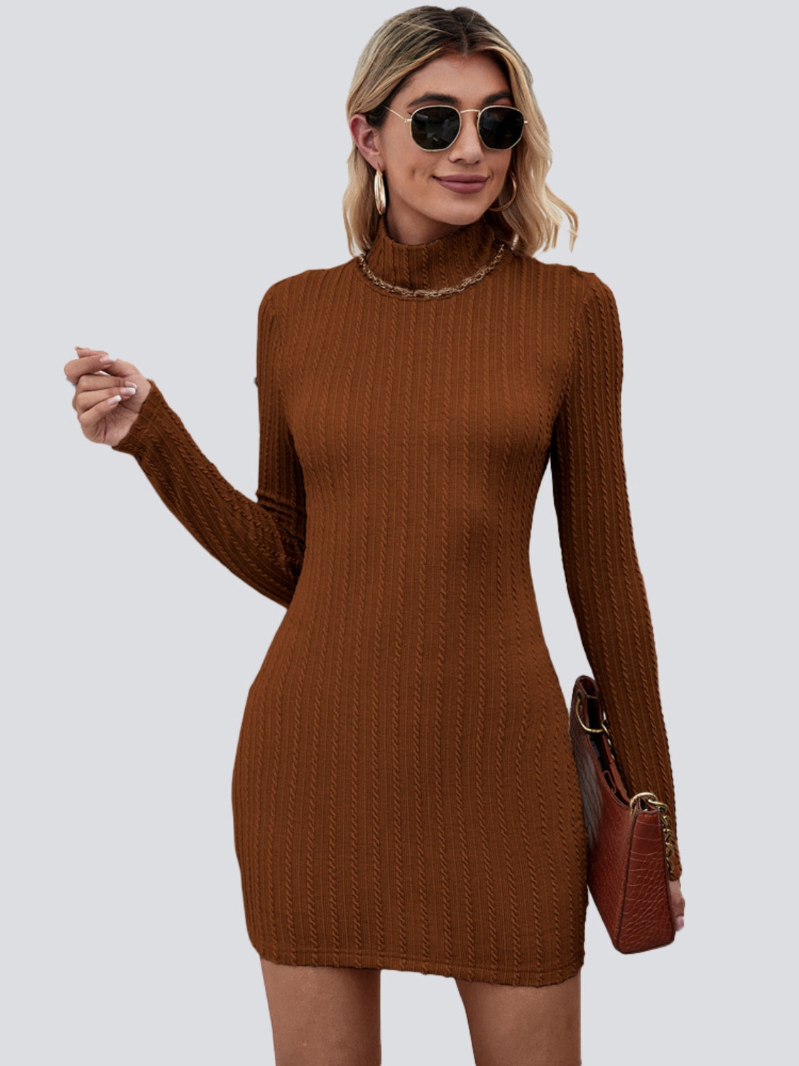 Textured Cutout Mock Neck Wrap Dress - Tantalize Boutique