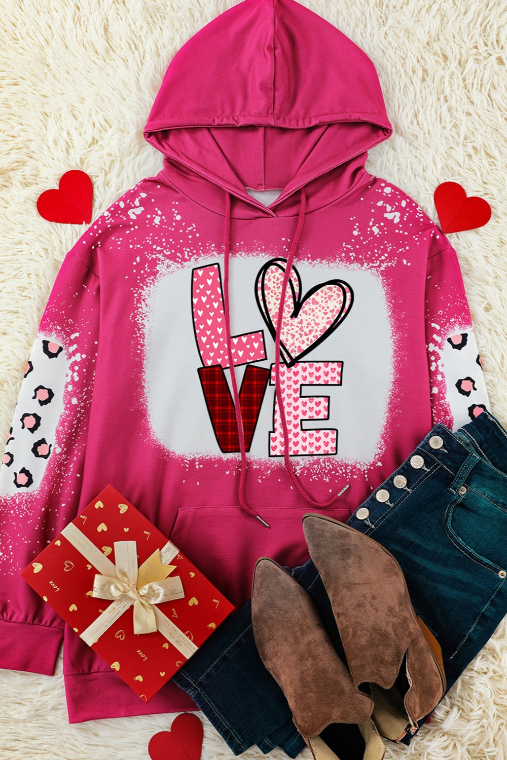LOVE Heart Drawstring Dropped Shoulder Hoodie - Tantalize Boutique