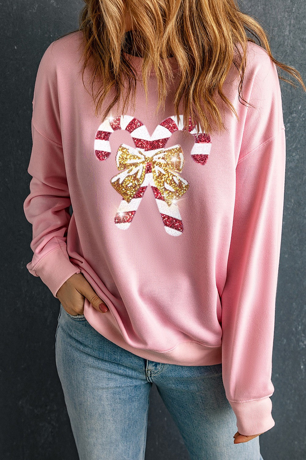 Candy Cane Sequin Dropped Shoulder Sweatshirt - Tantalize Boutique