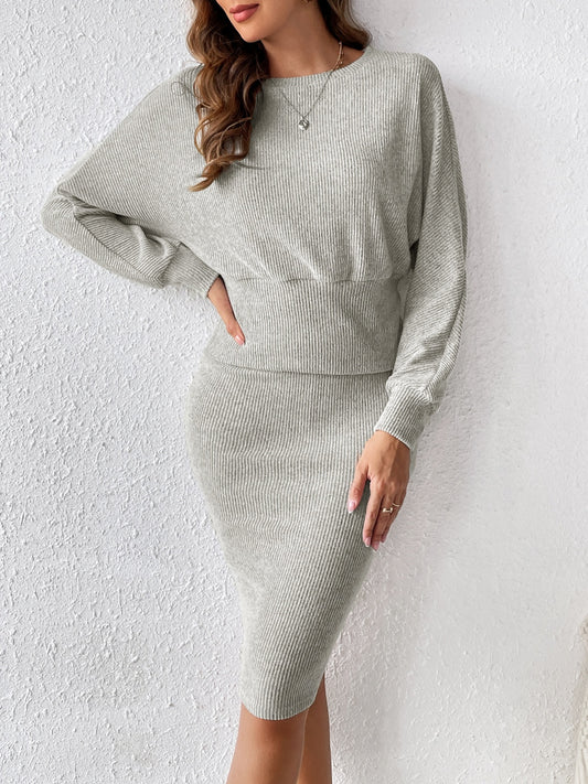 Ribbed Round Neck Top and Skirt Set - Tantalize Boutique