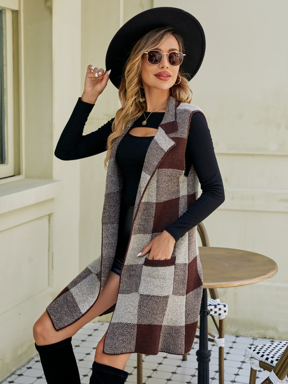 Plaid Lapel Collar Sleeveless Cardigan - Tantalize Boutique
