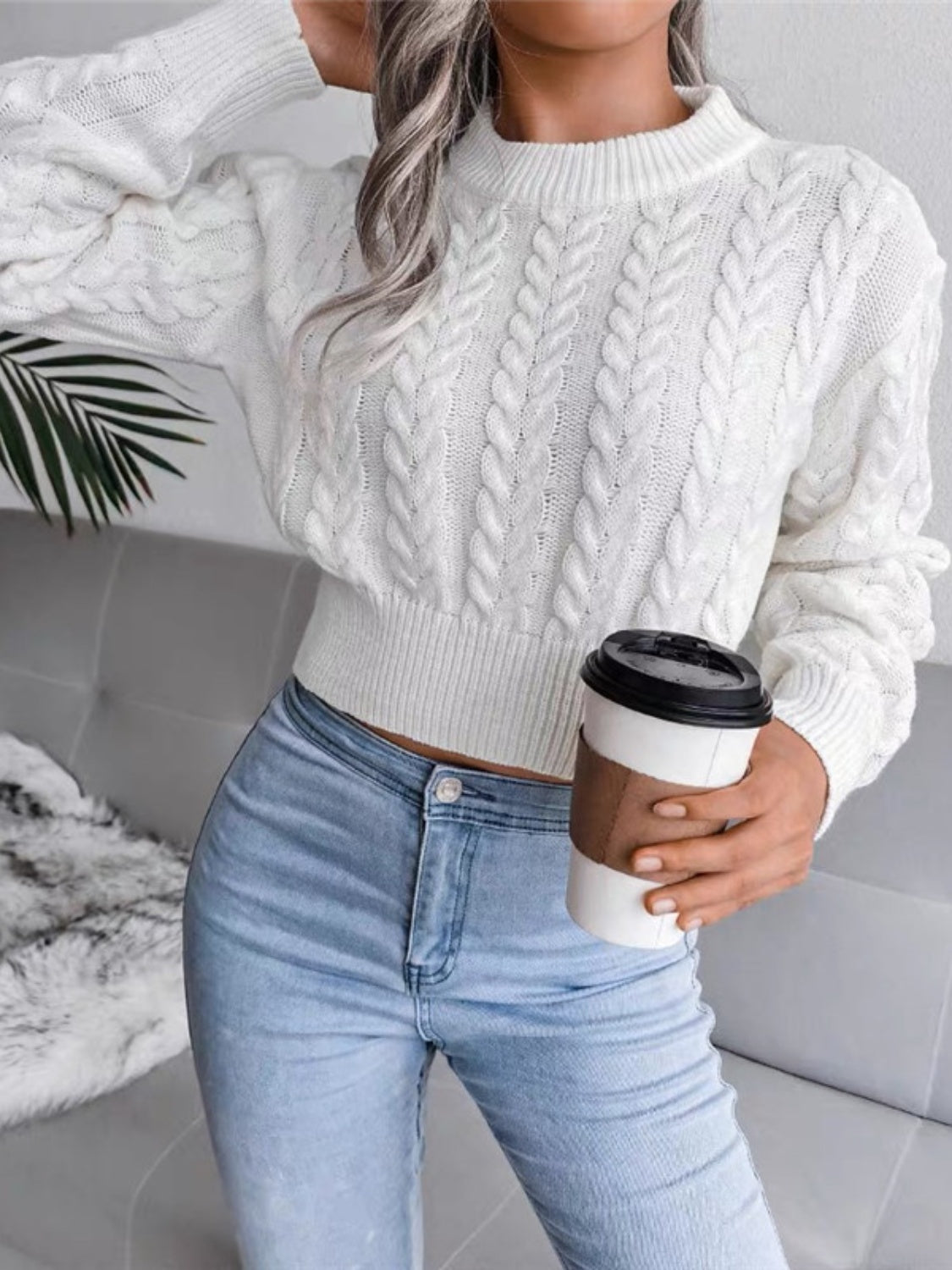 Cable-Knit Round Neck Cropped Sweater - Tantalize Boutique