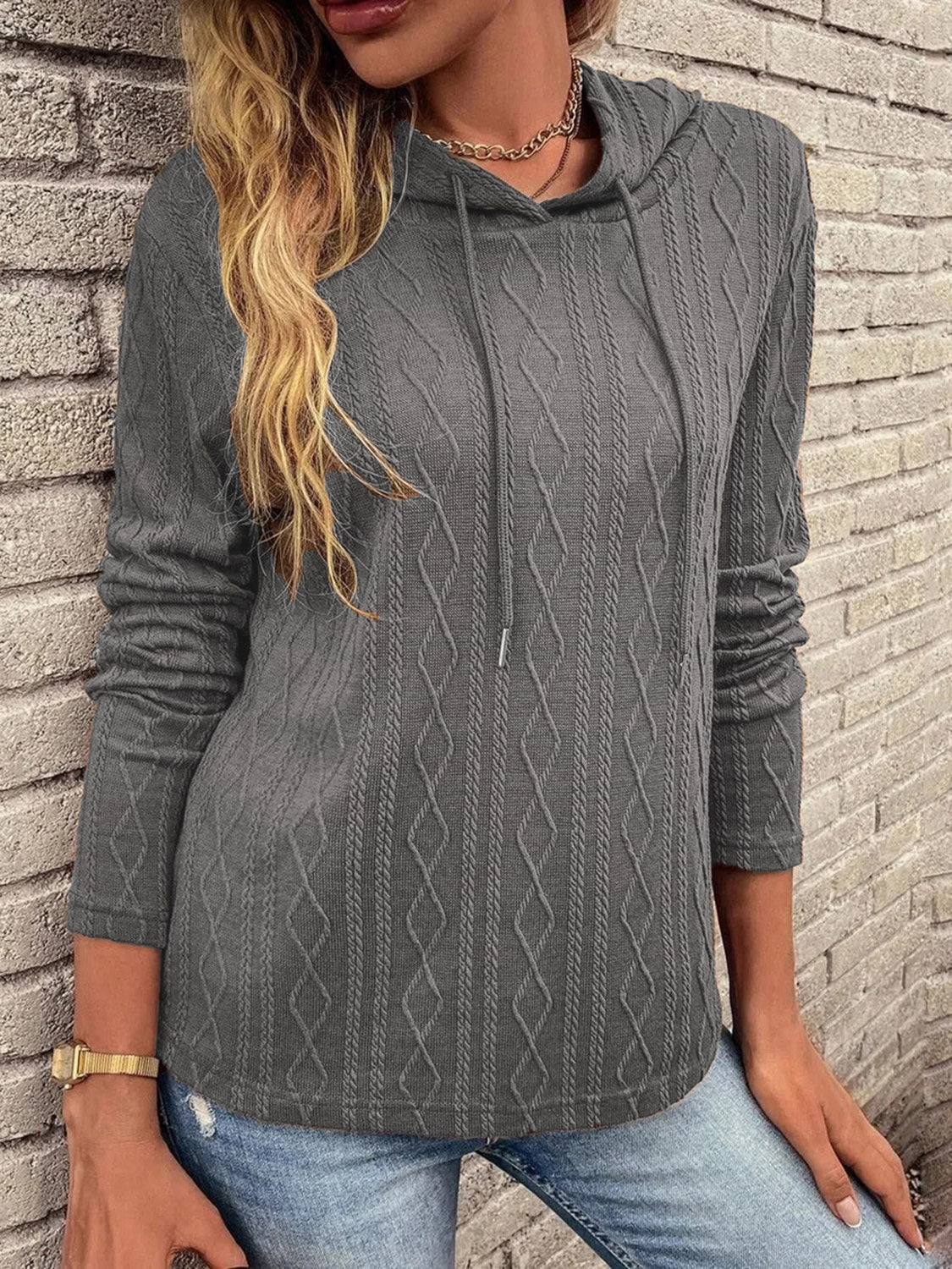 Cable-Knit Drawstring Hooded Knit Top - Tantalize Boutique