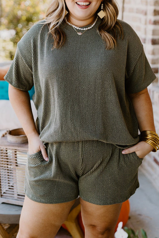 Plus Size Round Neck Top and Pocketed Shorts Set - Tantalize Boutique