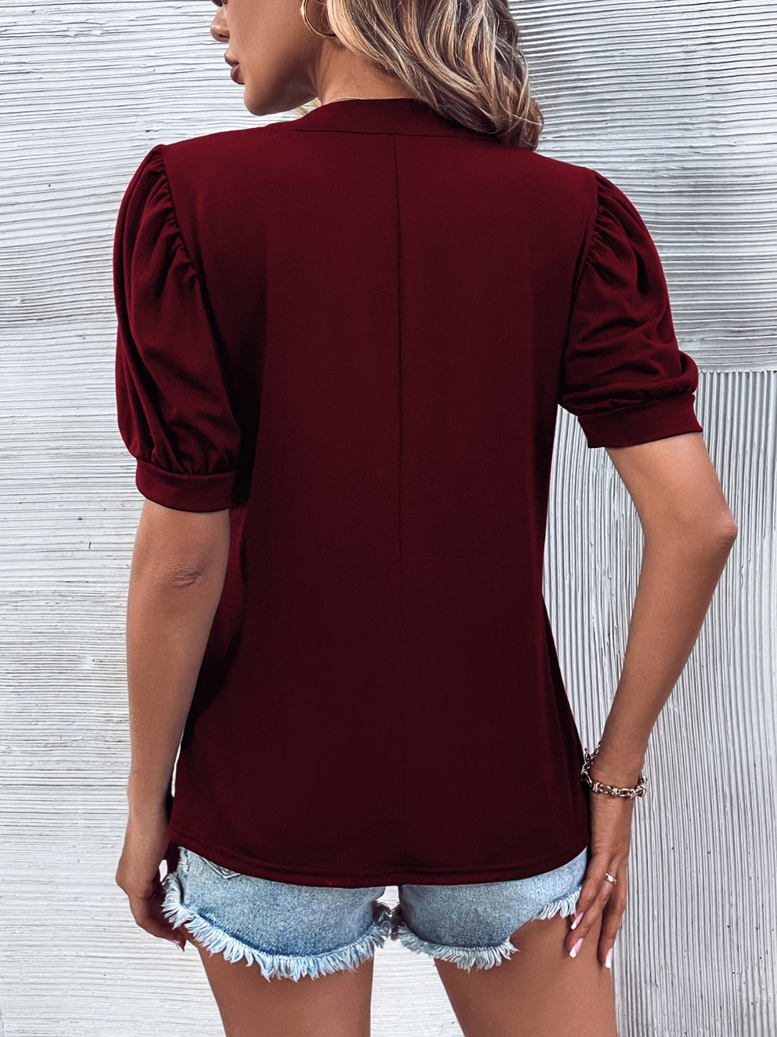 Notched Puff Sleeve Blouse - Tantalize Boutique