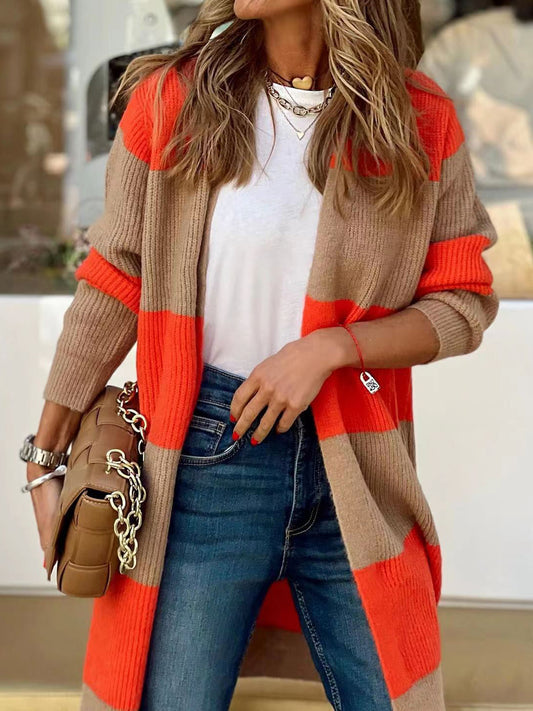 Contrast Open Front Long Sleeve Cardigan - Tantalize Boutique