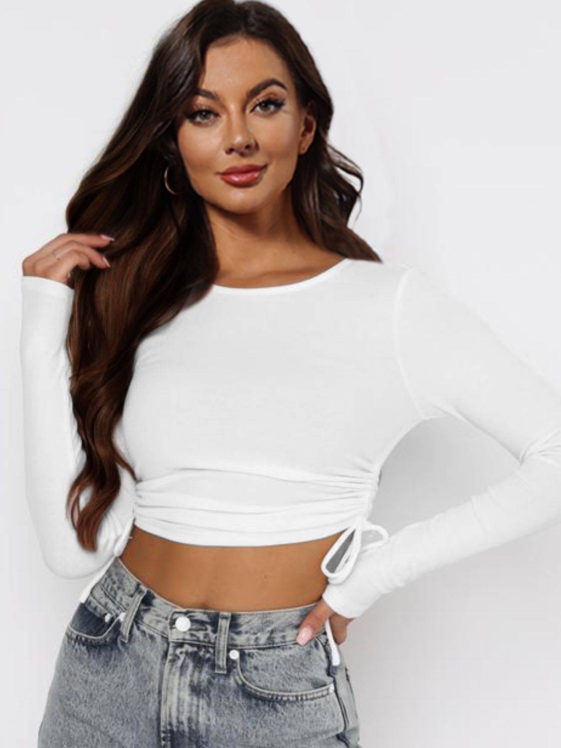 Drawstring Round Neck Long Sleeve Top - Tantalize Boutique