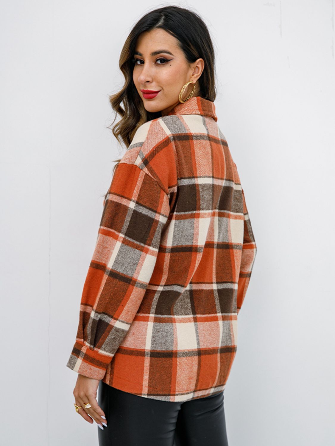 Plaid Button Up Collared Neck Jacket - Tantalize Boutique