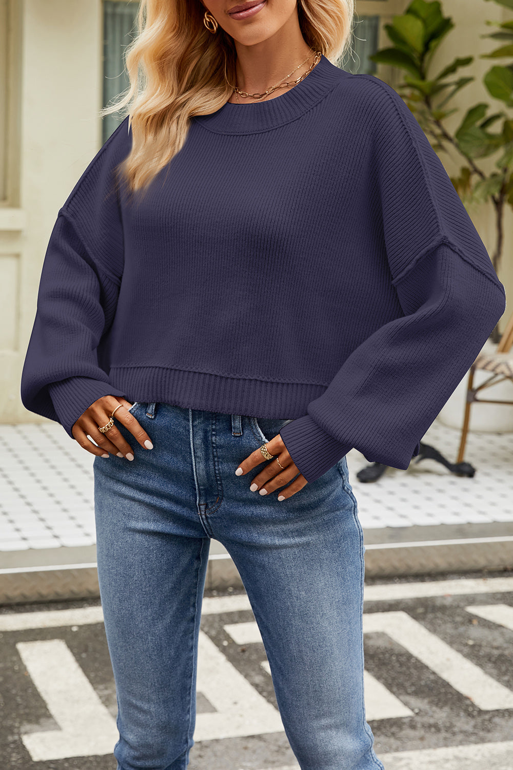 Round Neck Dropped Shoulder Sweater - Tantalize Boutique