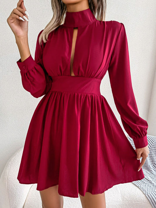 Cutout Turtleneck A-Line Mini Dress - Tantalize Boutique
