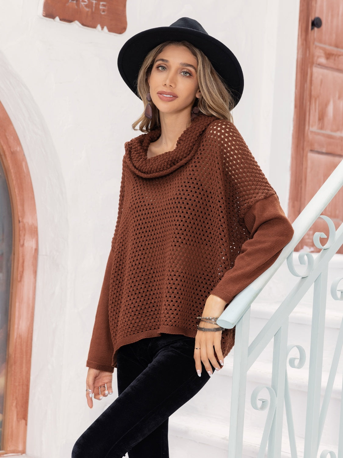 Openwork Mock Neck Dropped Shoulder Sweater - Tantalize Boutique