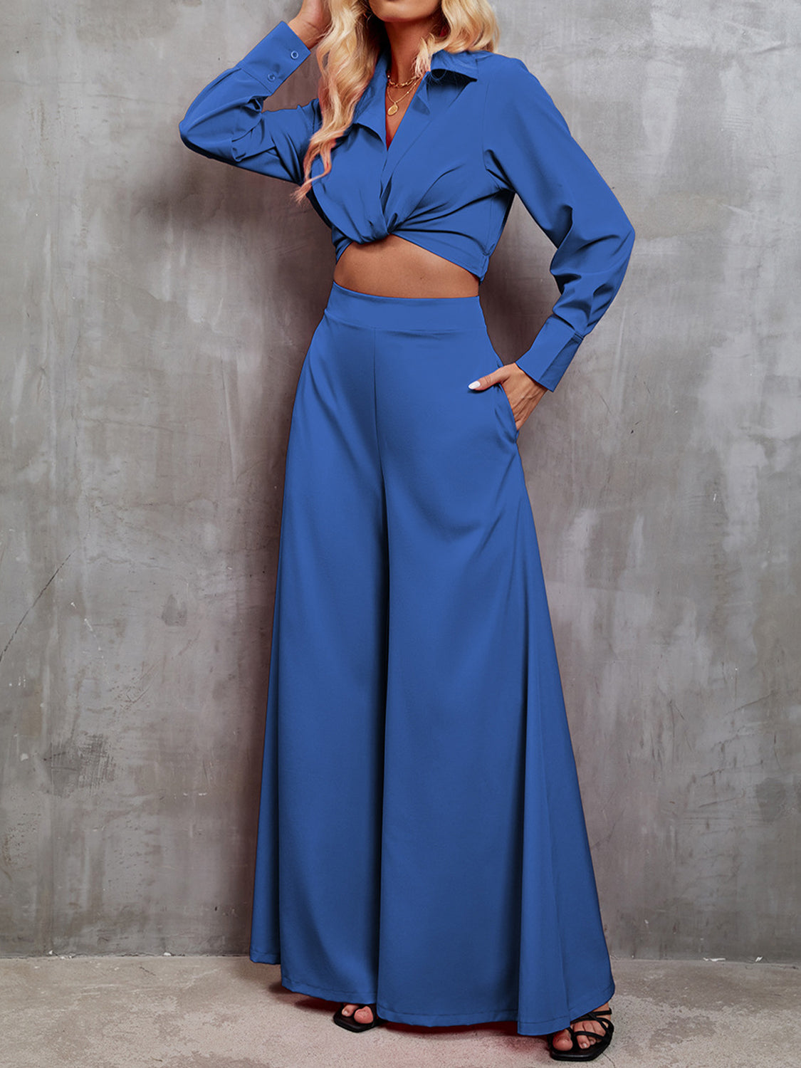 Collared Neck Long Sleeve Top and Wide Leg Pants Set - Tantalize Boutique
