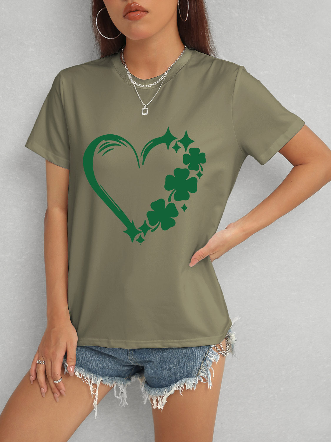 Heart Lucky Clover Round Neck Short Sleeve T-Shirt - Tantalize Boutique